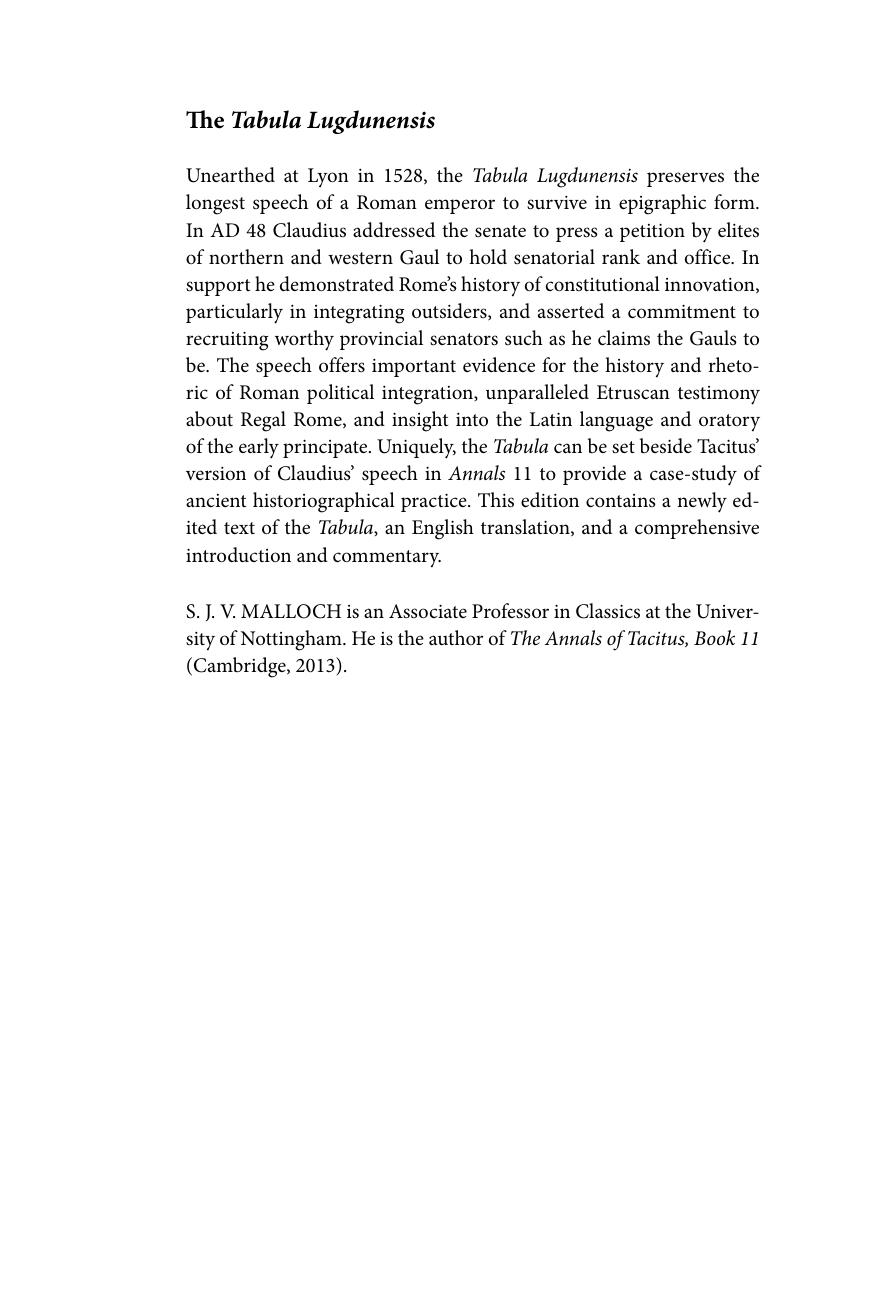 The Tabula Lugdunensis: A Critical Edition with Translation and Commentary by S. J. V. Malloch