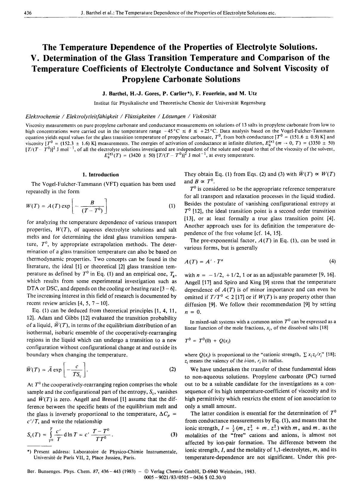 The Temperature Dependence of the Properties of Electrolyte Solutions. V. Determination of the Glass Transition Temperature and Comparison of the Temperature Coefficients of Electr by Unknown