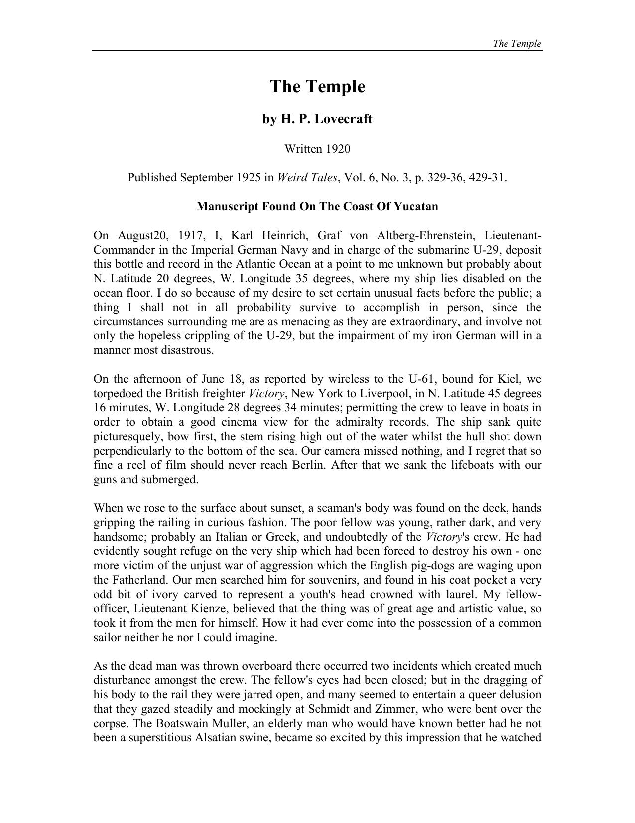 The Temple by H. P. Lovecraft