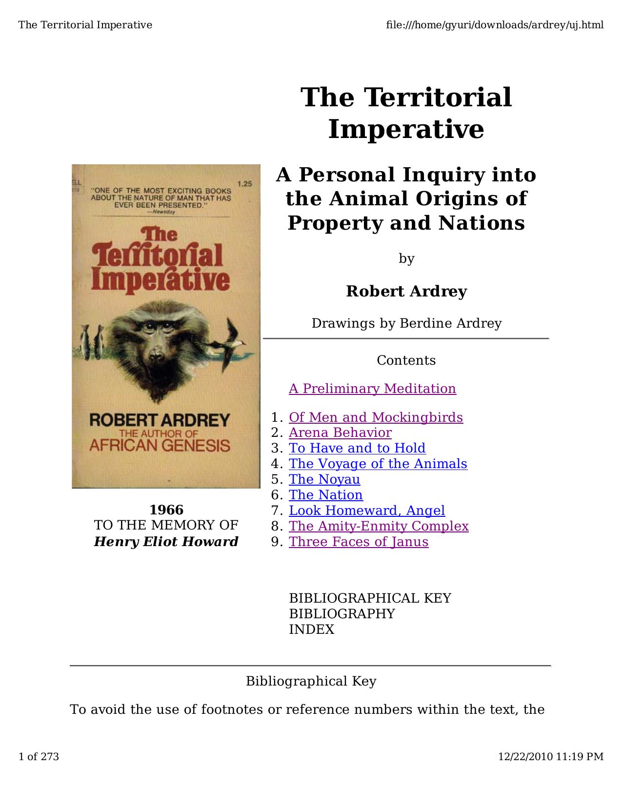 The Territorial Imperative by A Personal Inquiry into the Animal Origins of Property & Nations (1966) by Robert Ardrey