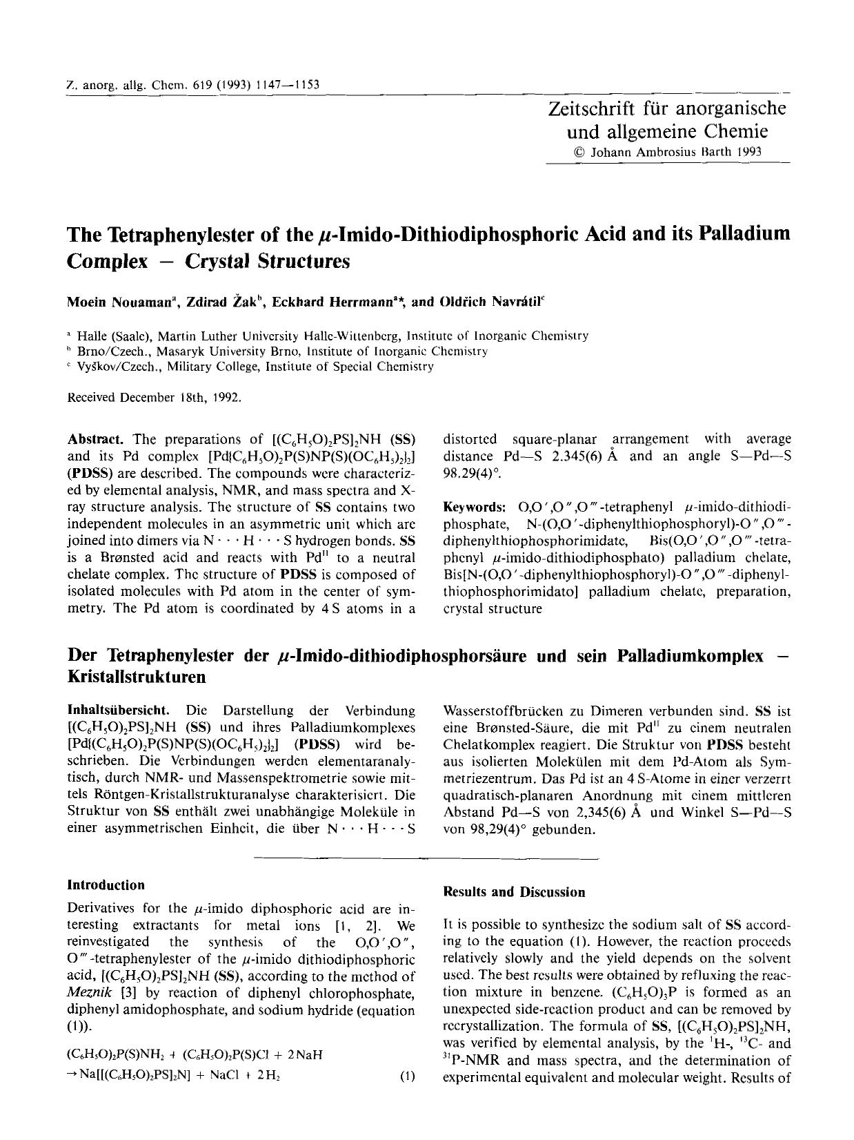The Tetraphenylester of the Âµ-Imido-Dithiodiphosphoric Acid and its palladium complex - crystal structures by Unknown