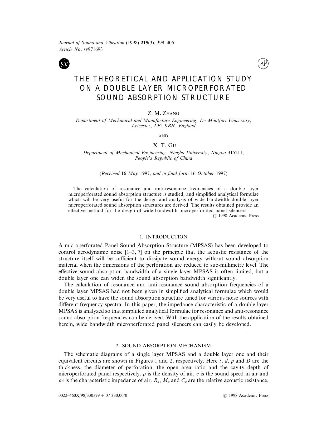 The Theoretical and Application Study on a Double Layer Microperforated Sound Absorption Structure by Zhang Z. M. & Gu X. T