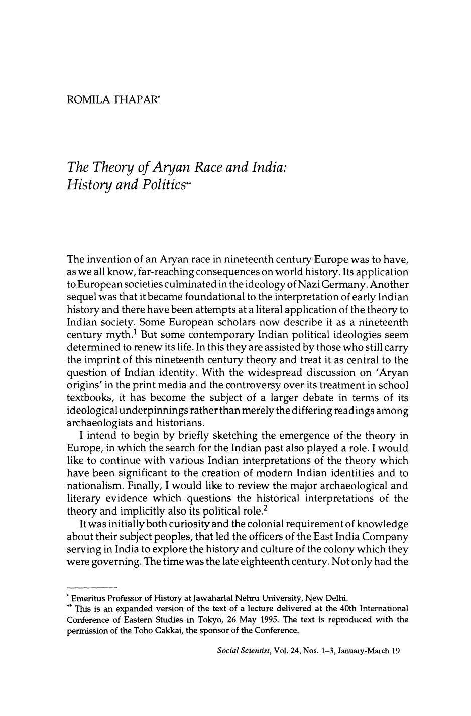 The Theory of Aryan Race and India: History and Politics by Thapar R