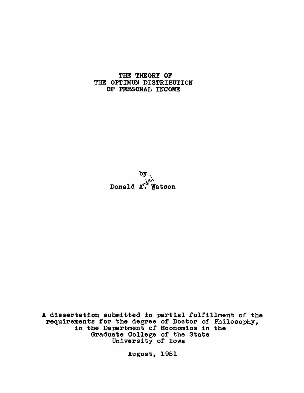 The Theory of the Optimum Distribution of Personal Income by Watson Donald Ardel
