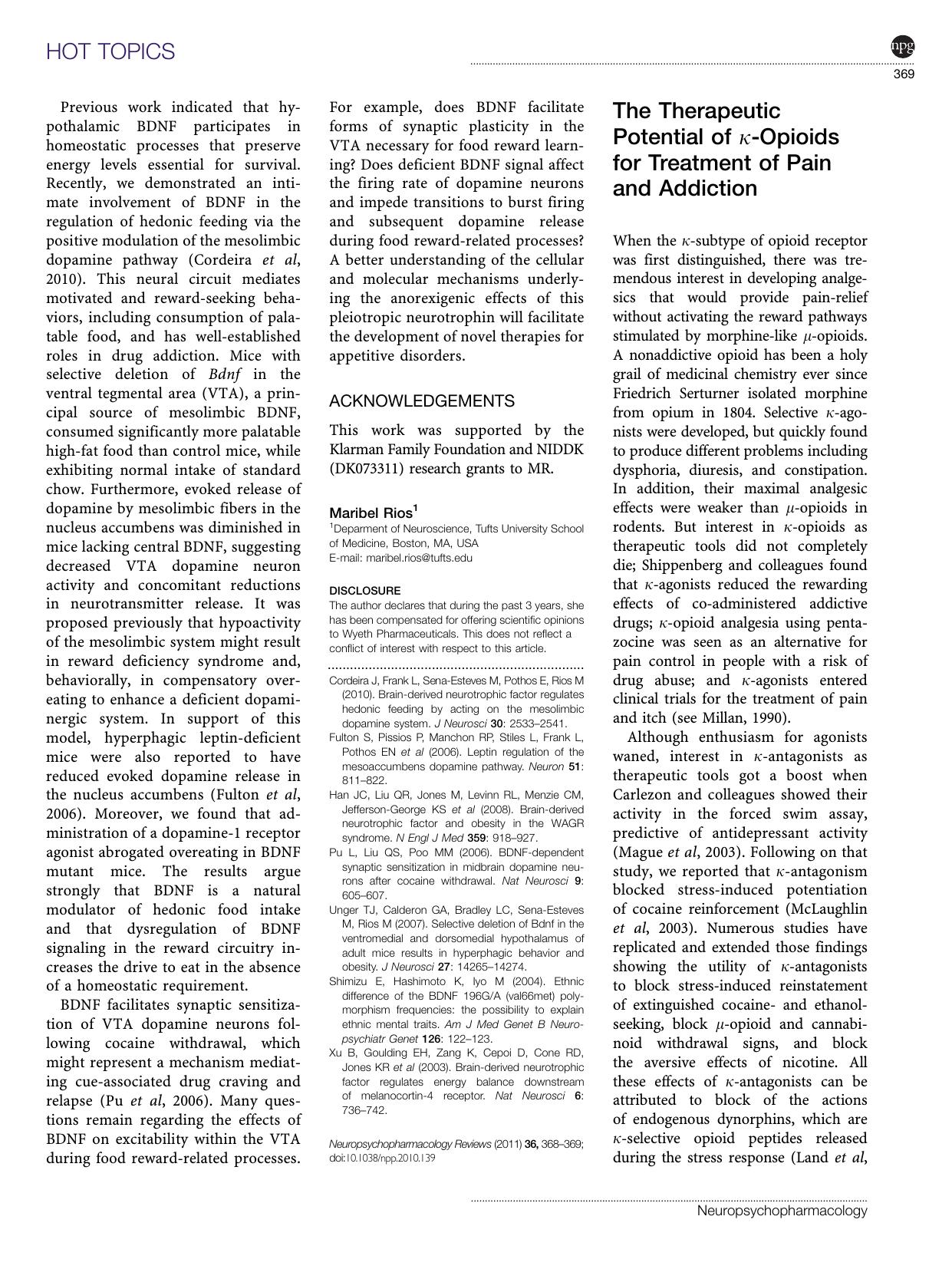 The Therapeutic Potential of &kappa;-Opioids for Treatment of Pain and Addiction by Charles Chavkin