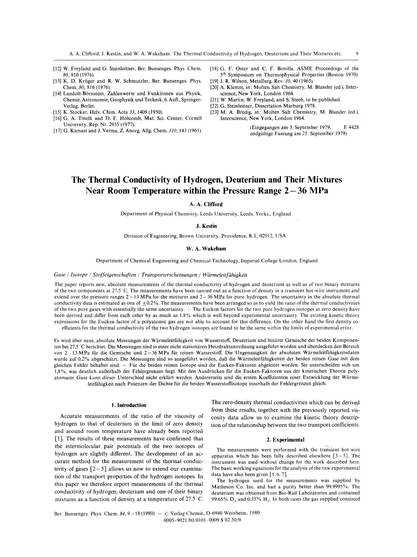 The Thermal Conductivity of Hydrogen, Deuterium and Their Mixtures Near Room Temperature within the Pressure Range 2 [bond] 36 MPa by Unknown