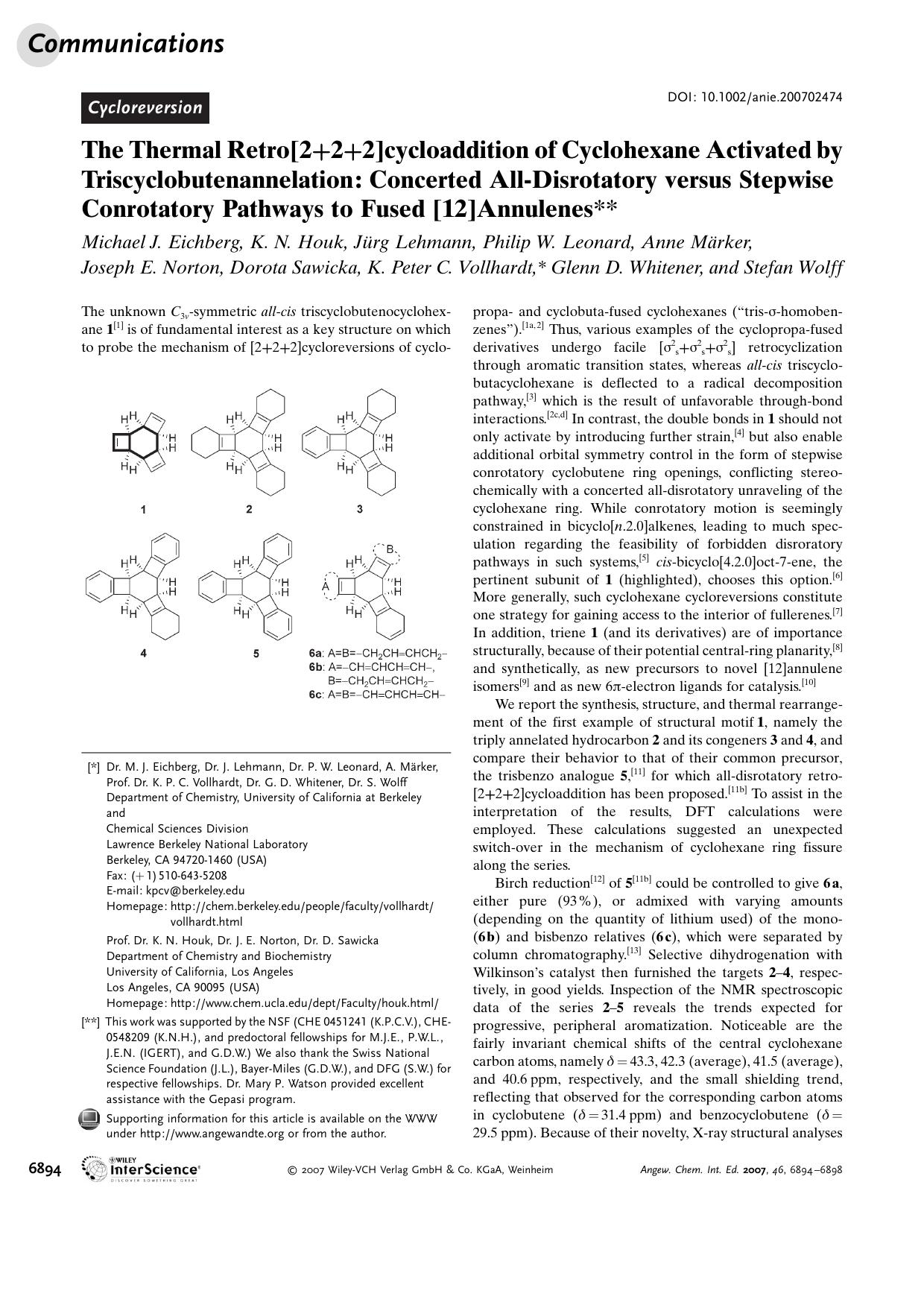 The Thermal Retro[2+2+2]cycloaddition of Cyclohexane Activated by Triscyclobutenannelation: Concerted All-Disrotatory versus Stepwise Conrotatory Pathways to Fused [12]Annulenes by Unknown