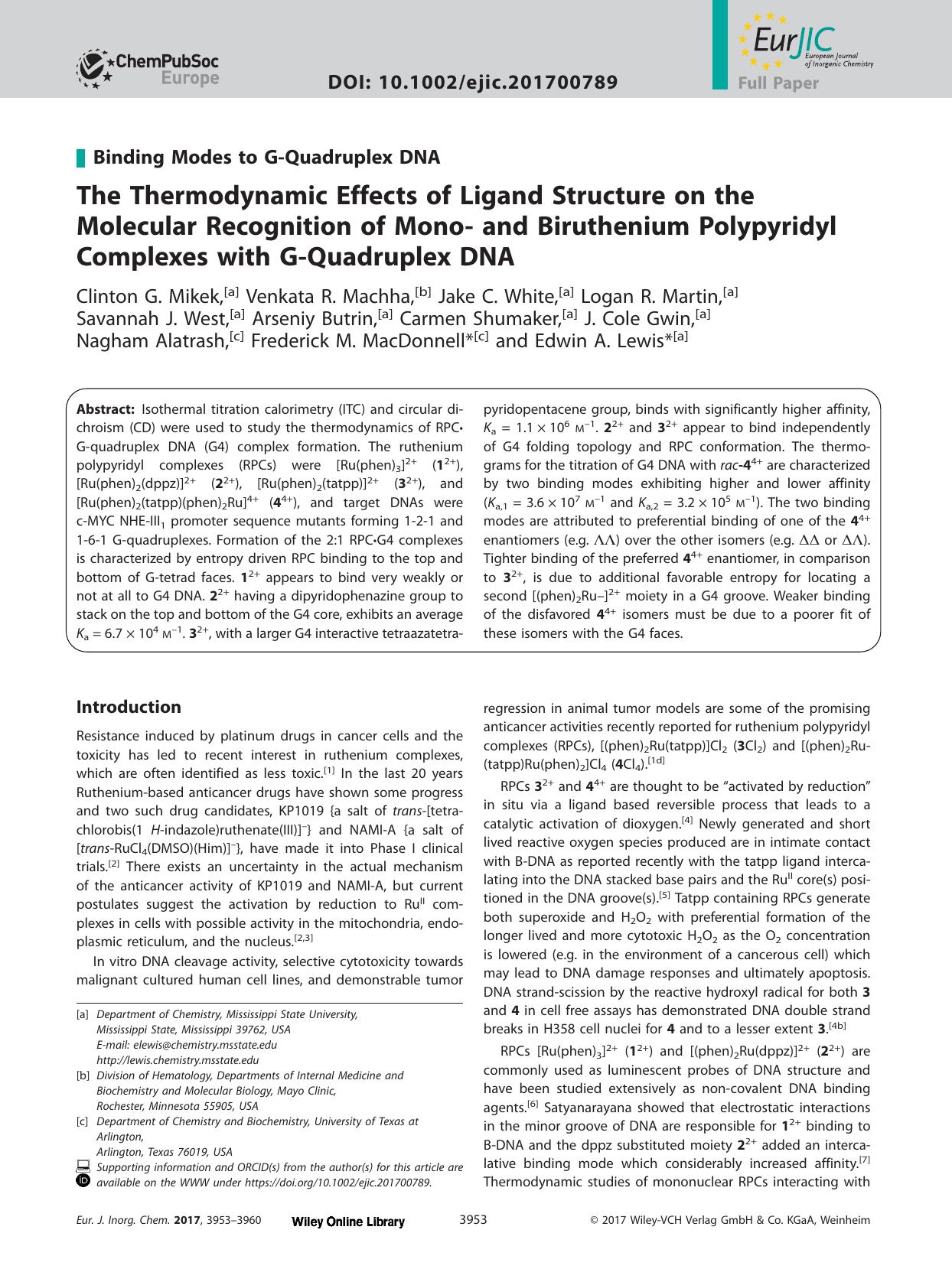 The Thermodynamic Effects of Ligand Structure on the Molecular Recognition of Mono&#x02010; and Biruthenium Polypyridyl Complexes with G&#x02010;Quadruplex DNA by Unknown