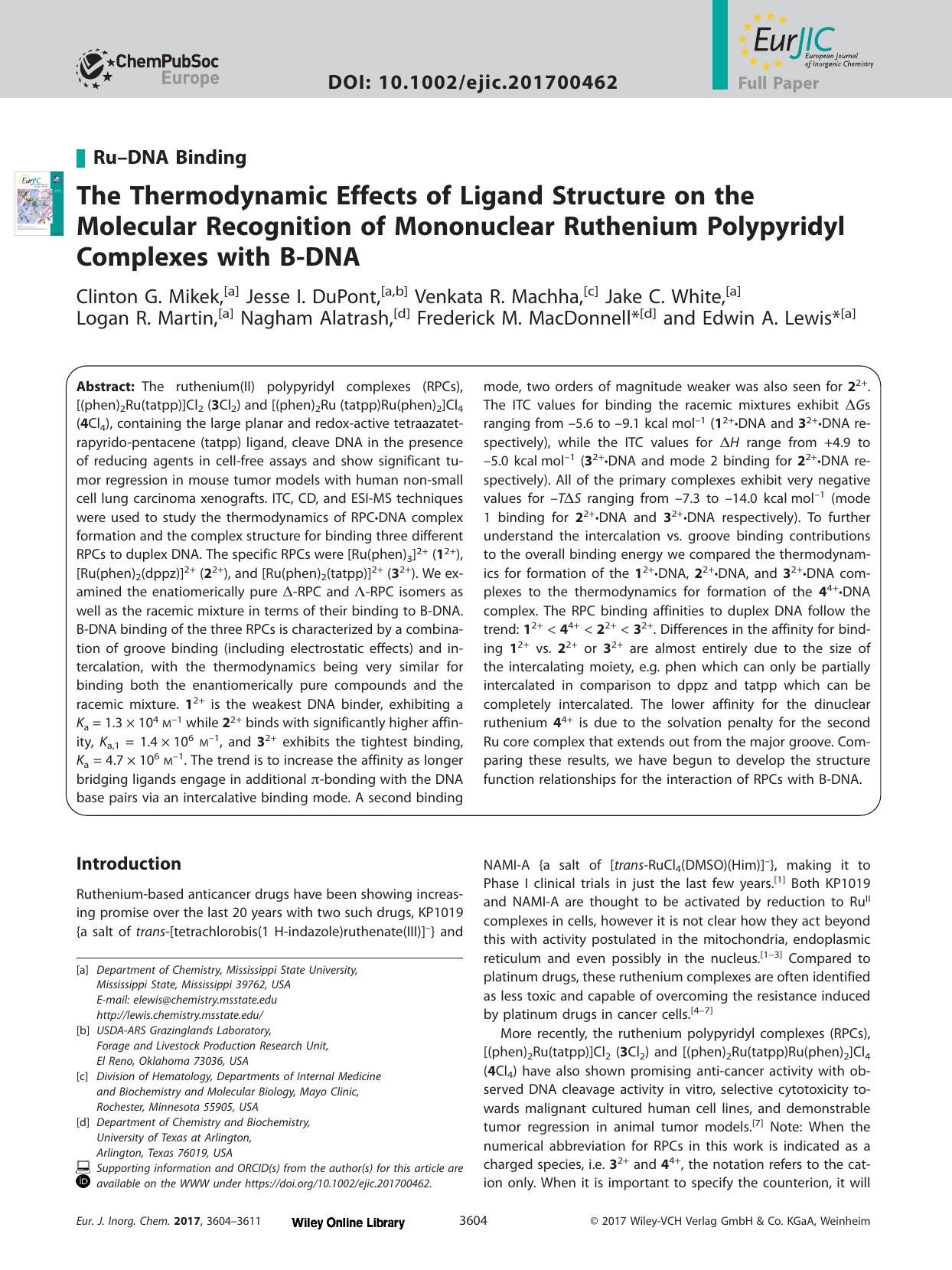 The Thermodynamic Effects of Ligand Structure on the Molecular Recognition of Mononuclear Ruthenium Polypyridyl Complexes with B&#x02010;DNA by Unknown