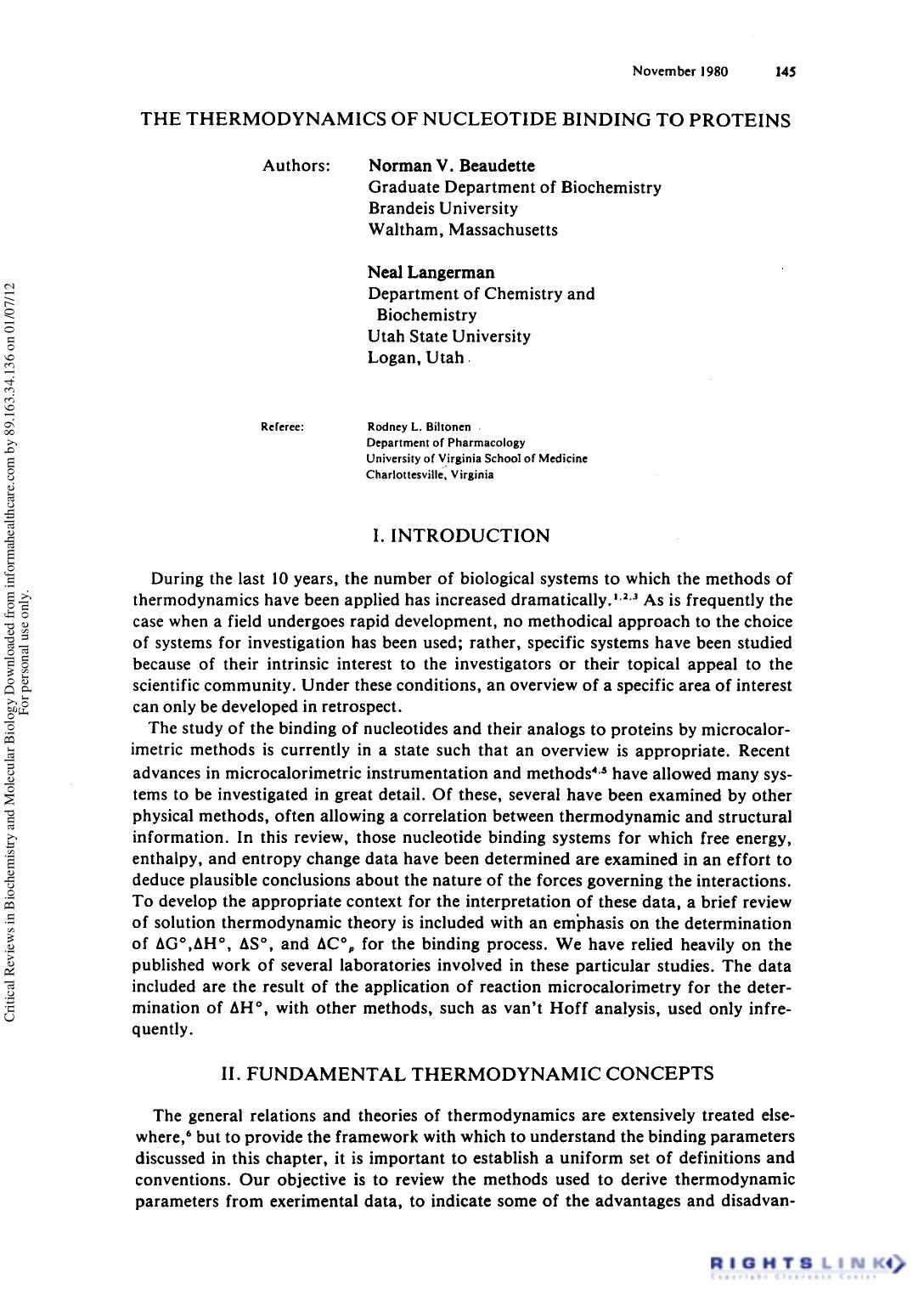 The Thermodynamics of Nucleotide Binding to Protein by Norman V. Beaudette Neal Langerman & Rodney L. Biltonen