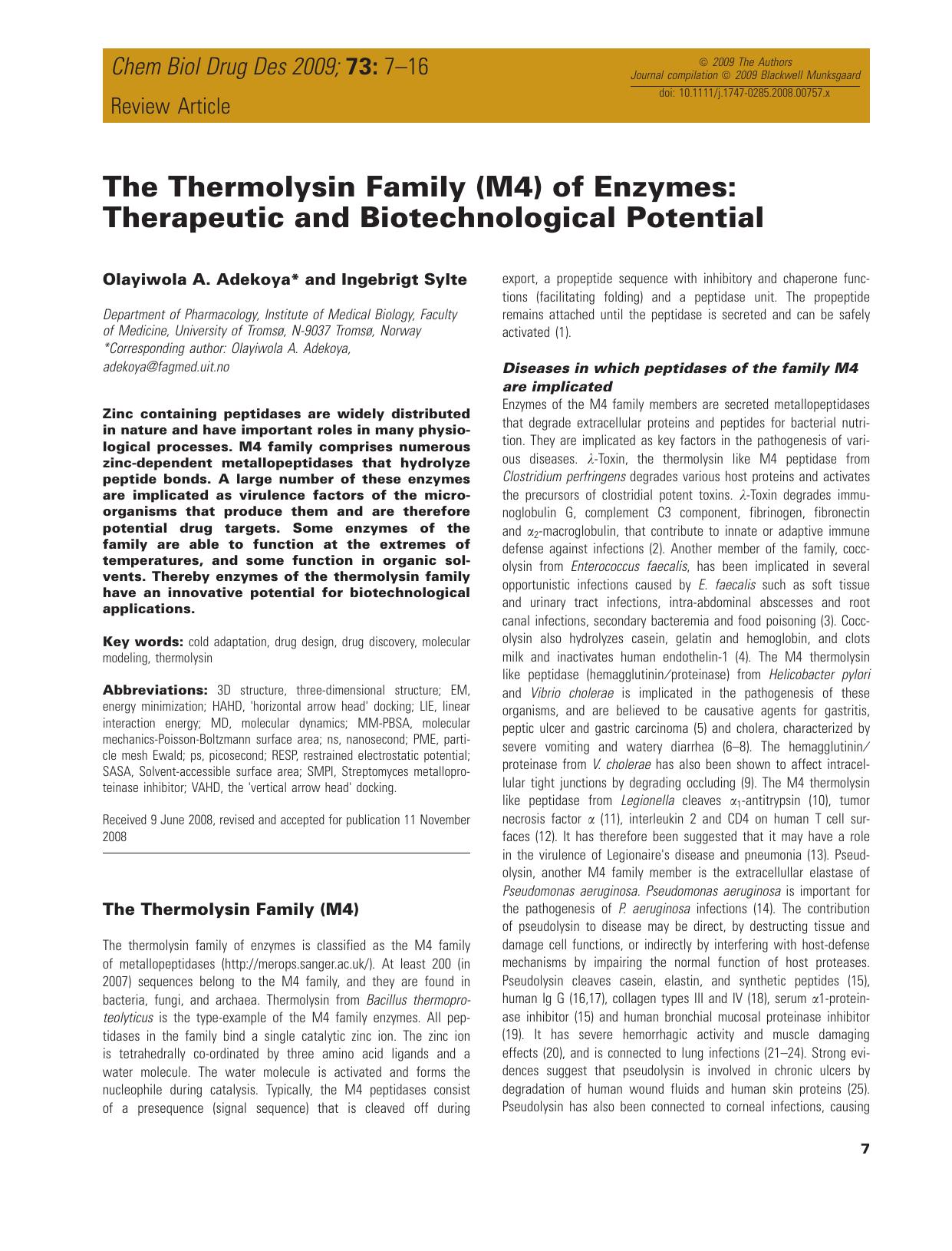 The Thermolysin Family (M4) of Enzymes: Therapeutic and Biotechnological Potential by unknow