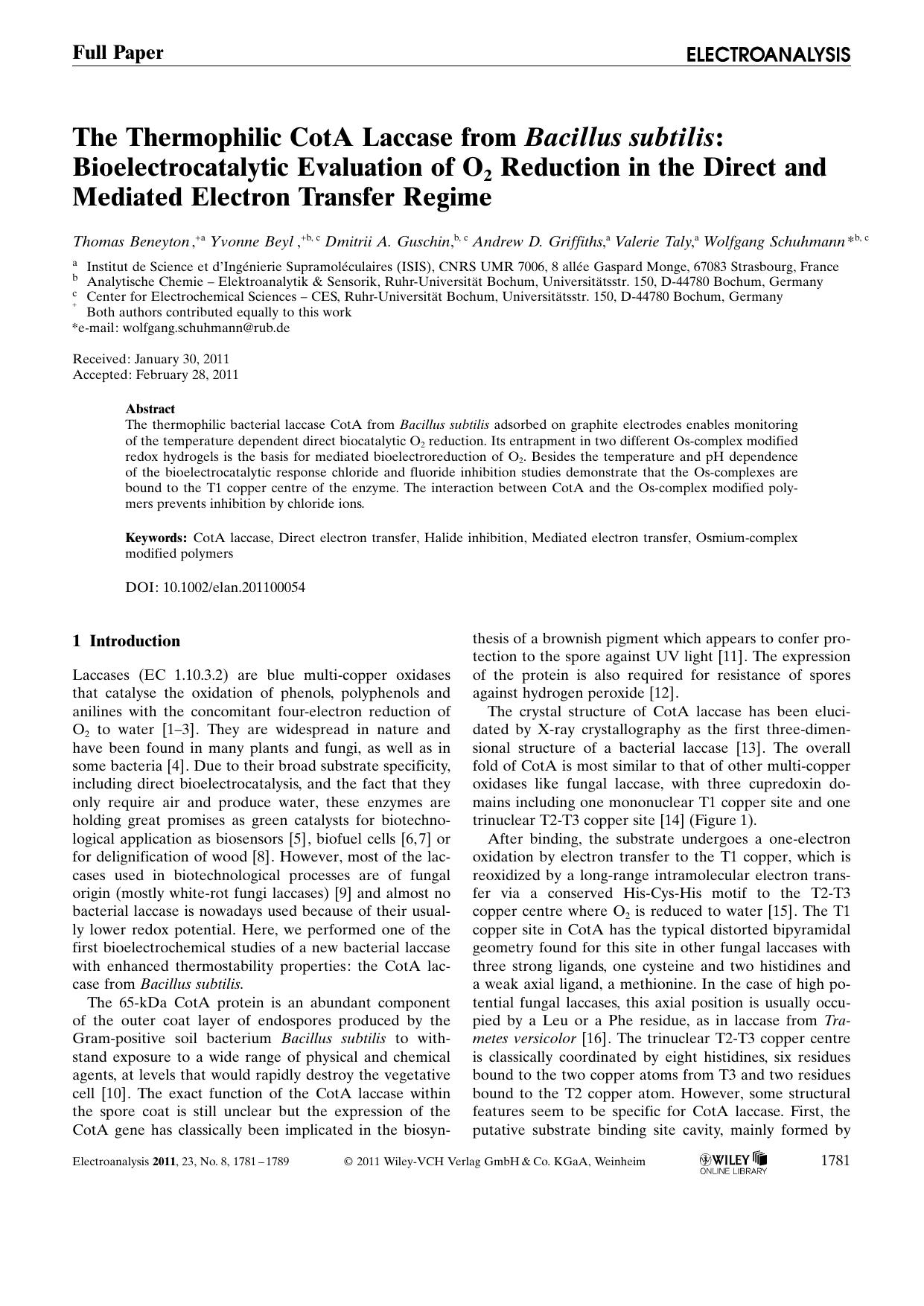 The Thermophilic CotA Laccase from Bacillus subtilis: Bioelectrocatalytic Evaluation of O2 Reduction in the Direct and Mediated Electron Transfer Regime by Unknown
