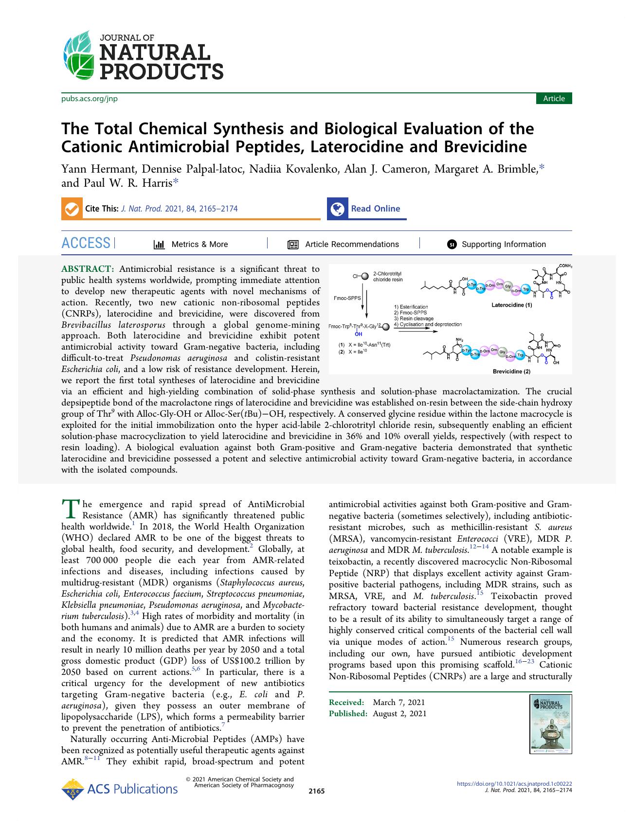 The Total Chemical Synthesis and Biological Evaluation of the Cationic Antimicrobial Peptides, Laterocidine and Brevicidine by unknow