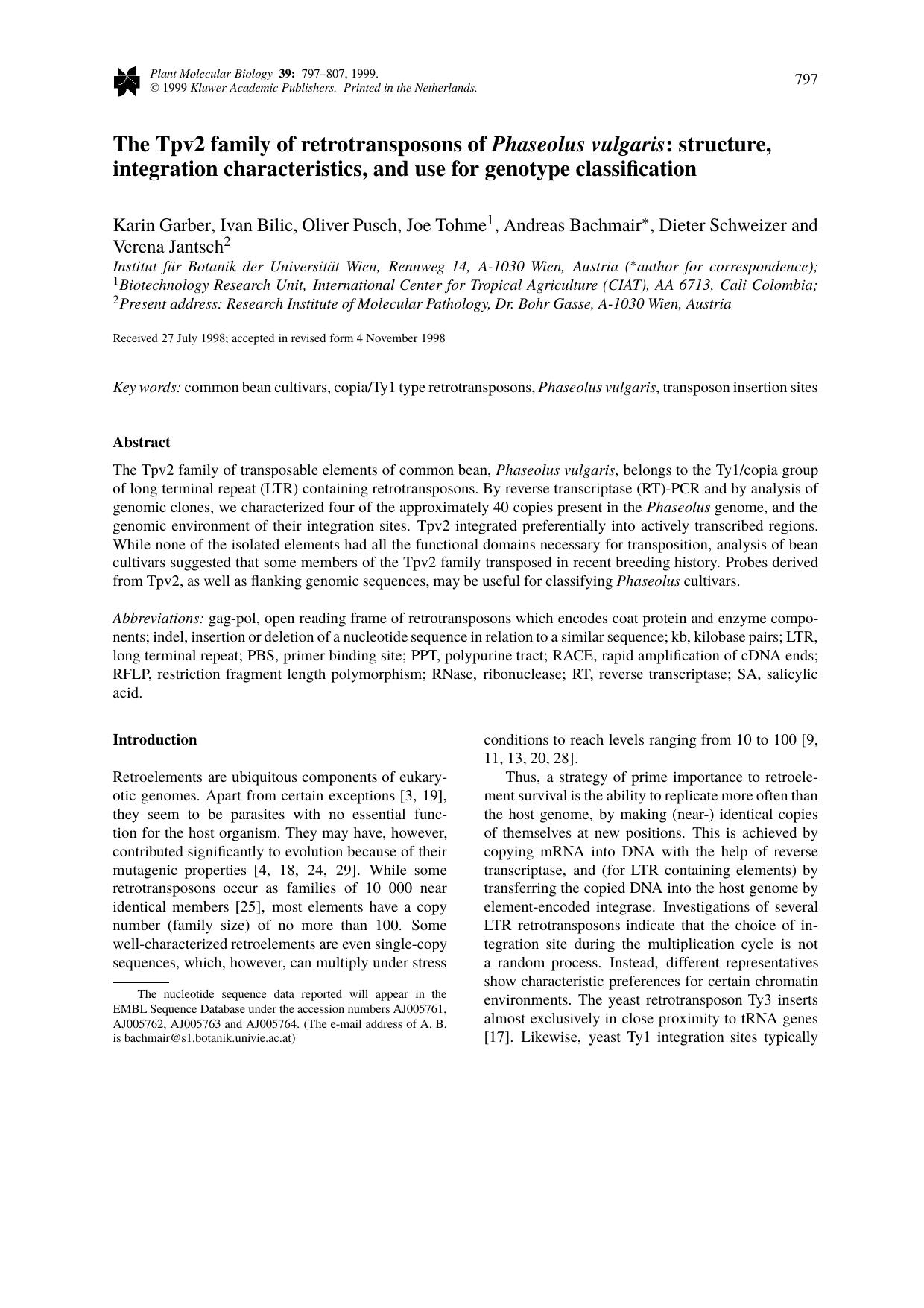 The Tpv2 family of retrotransposons of Phaseolus vulgaris: structure, integration characteristics, and use for genotype classification by Unknown