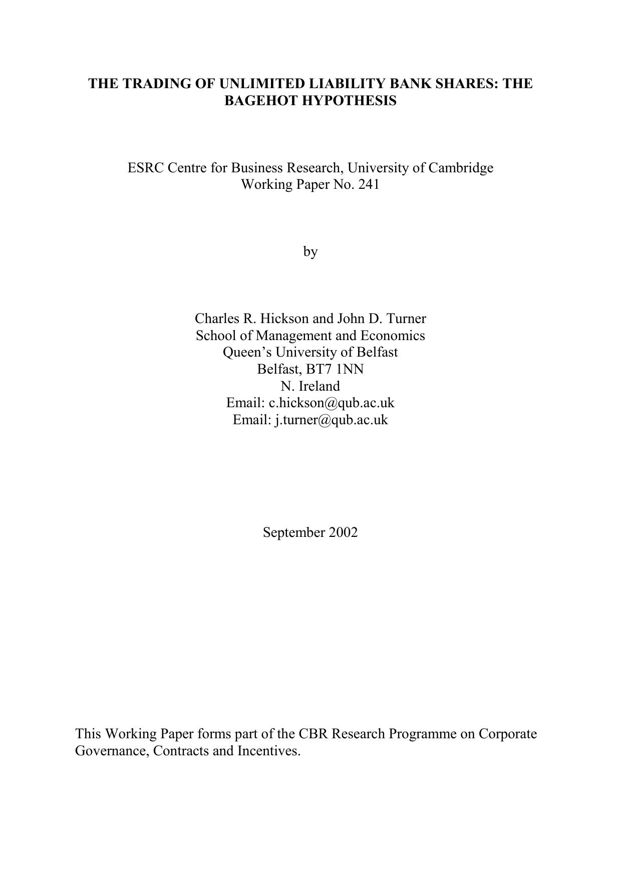 The Trading of Unlimited Liability Bank Shares: The Bagehot Problem by John & Karen Turner