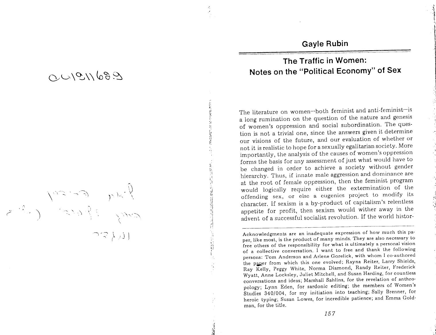 The Traffic in Women- Notes on the âPolitical Economyâ of Sex by Unknown