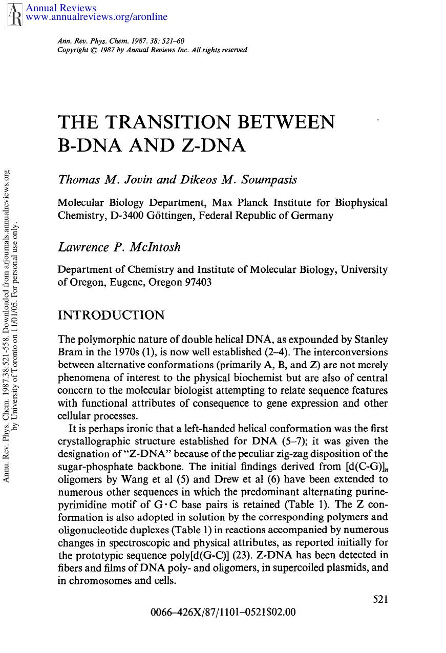 The Transition Between B-DNA and Z-DNA by T M Jovin D M Soumpasis & L P McIntosh
