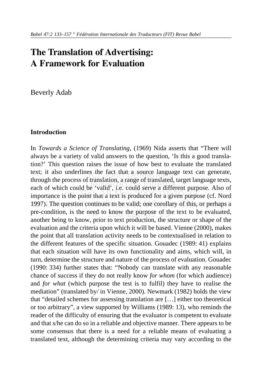 The Translation of Advertising: A Framework for Evaluation by Adab Beverly
