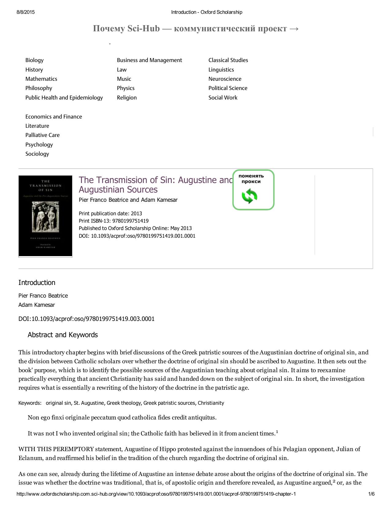 The Transmission of Sin: Augustine and the Pre-Augustinian Sources by Pier Franco Beatrice Adam Kamesar