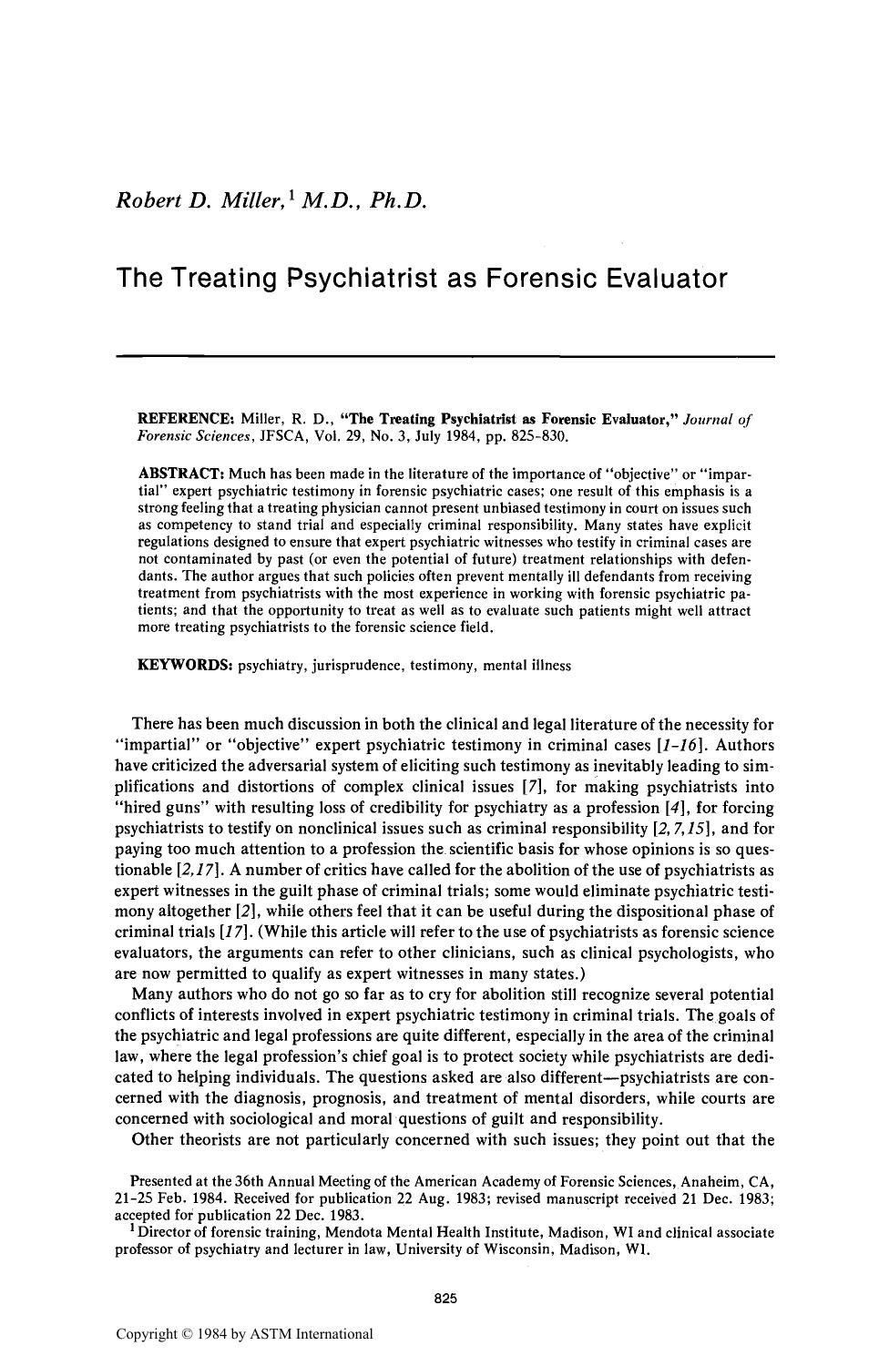 The Treating Psychiatrist as Forensic Evaluator by Miller RD