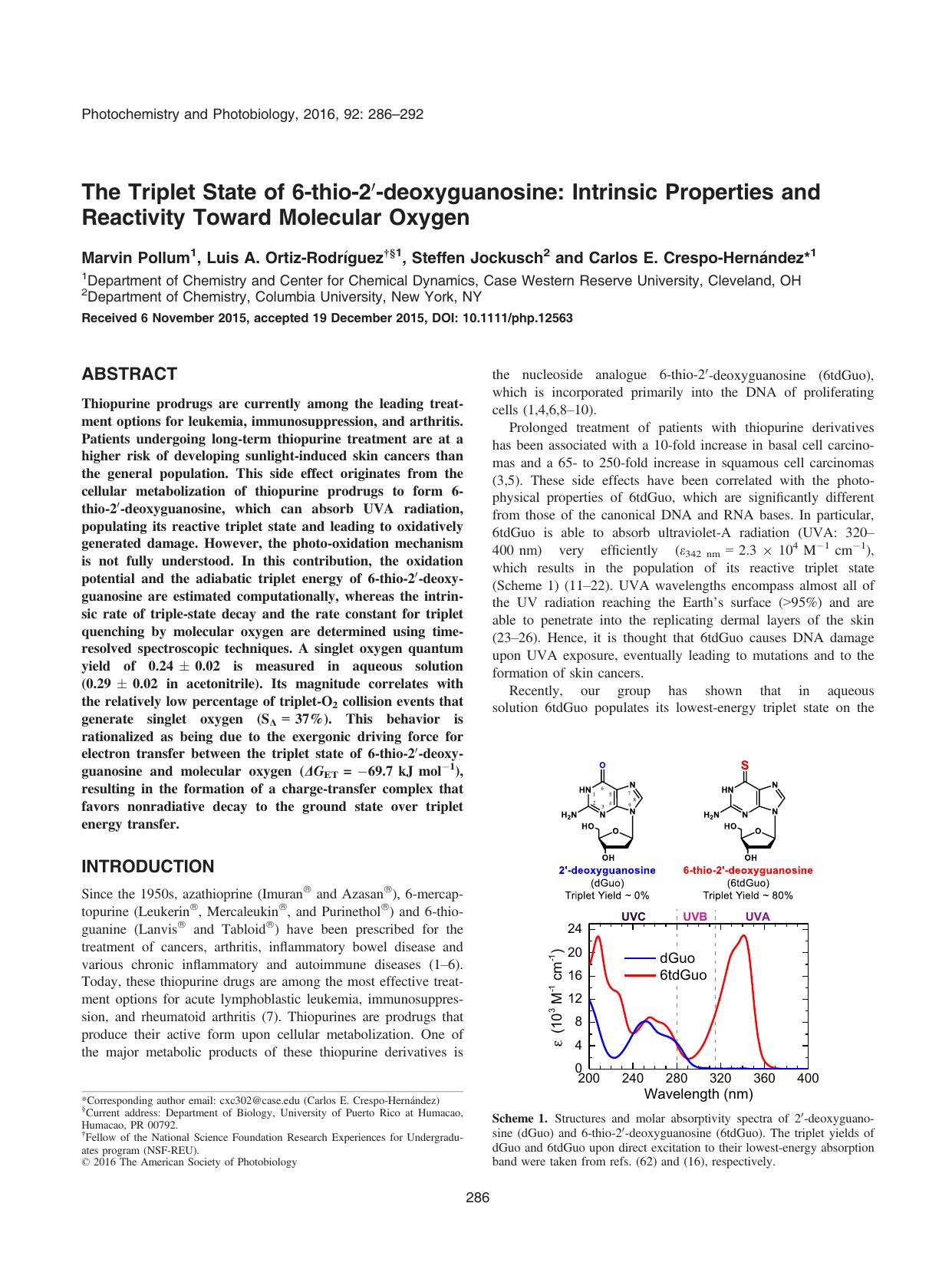 The Triplet State of 6&#x2010;thio&#x2010;2&#x2032;&#x2010;deoxyguanosine: Intrinsic Properties and Reactivity Toward Molecular Oxygen by Unknown