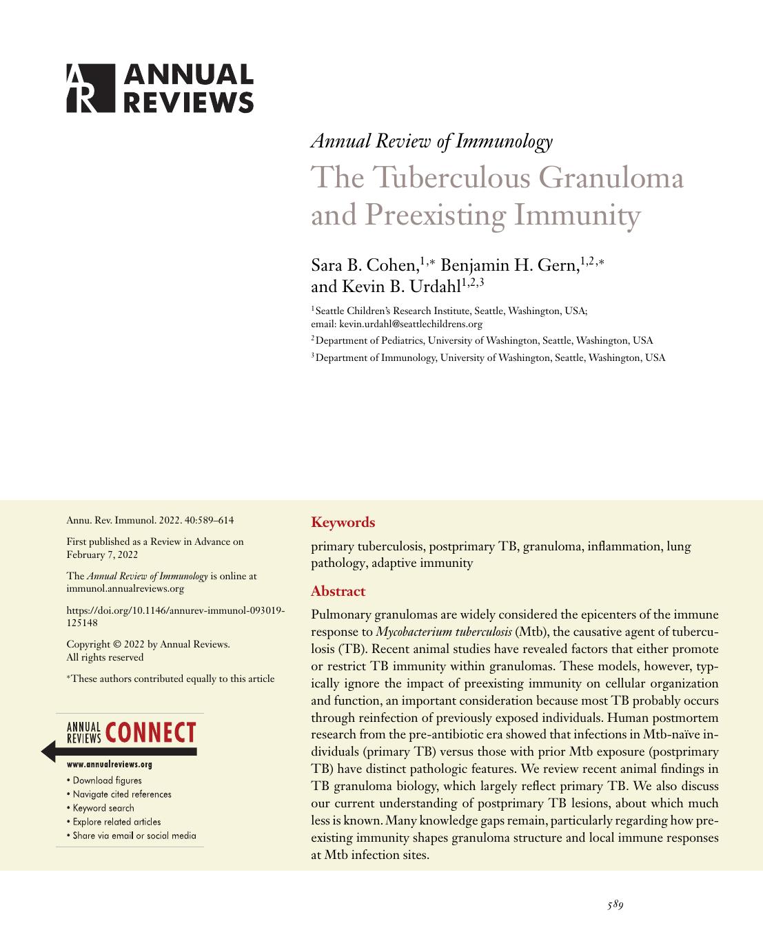 The Tuberculous Granuloma and Preexisting Immunity by Sara B. Cohen Benjamin H. Gern Kevin B. Urdahl