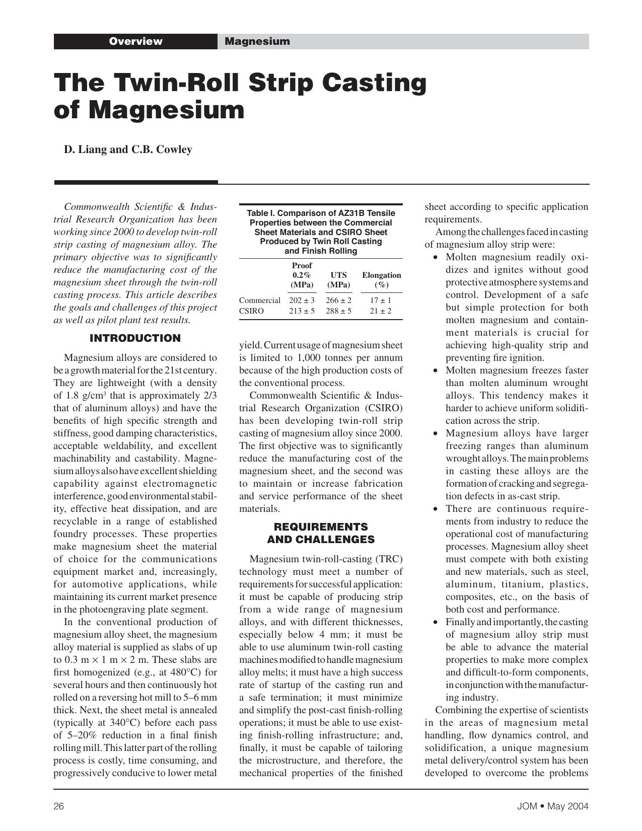 The Twin-Roll Strip Casting of Magnesium by D. Liang and C.B. Cowley
