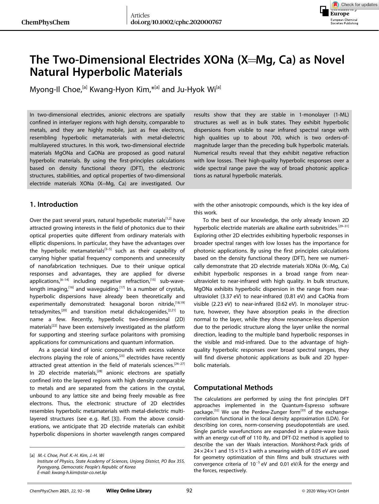 The TwoâDimensional Electrides XONa (X=Mg, Ca) as Novel Natural Hyperbolic Materials by Unknown
