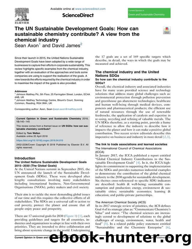The UN Sustainable Development Goals: How can sustainable chemistry contribute? A view from the chemical industry by Sean Axon