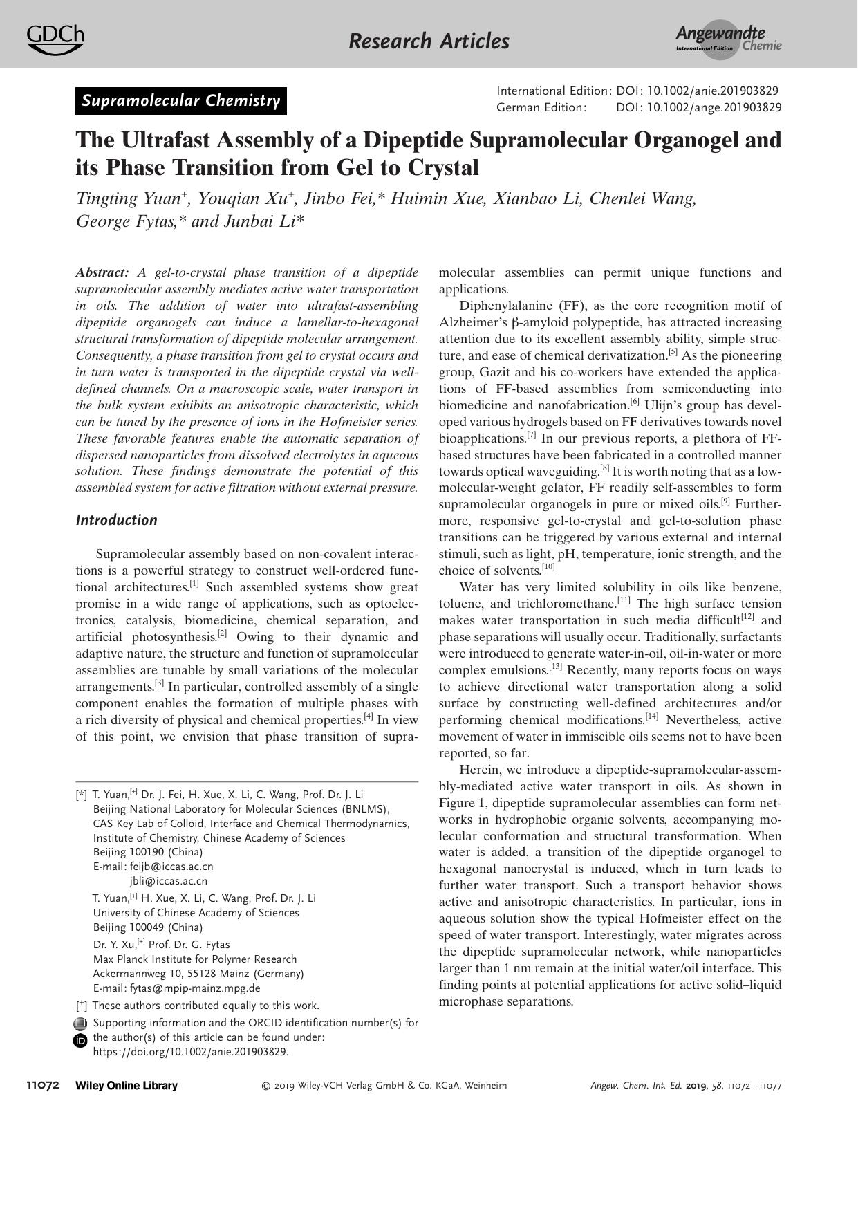 The Ultrafast Assembly of a Dipeptide Supramolecular Organogel and its Phase Transition from Gel to Crystal by Unknown