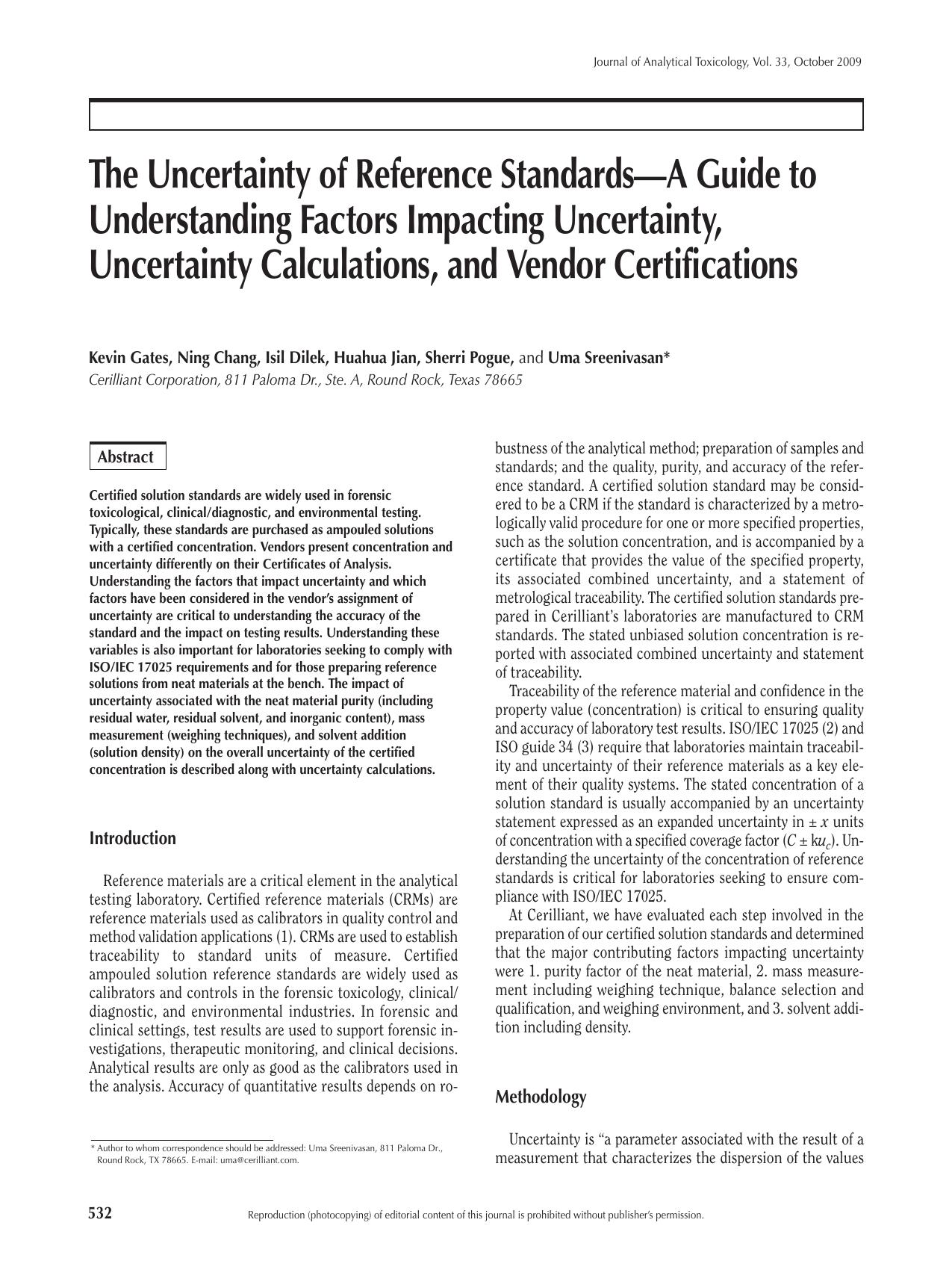 The Uncertaintyof Reference StandardsâA Guide to Understanding by Uma Sreenivasan