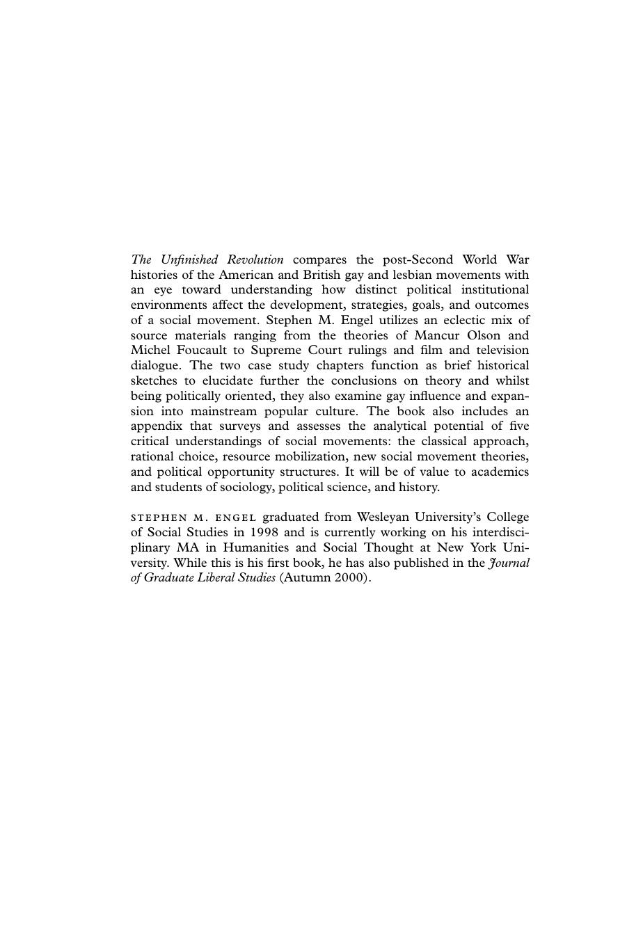 The Unfinished Revolution: Social Movement Theory and the Gay and Lesbian Movement by Stephen M. Engel