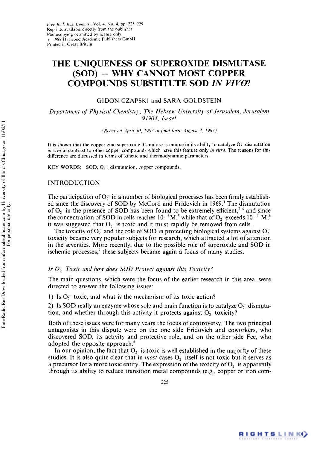 The Uniqueness of Superoxide Dismutase (SOD) â Why Cannot Most Copper Compounds Substitute Sod In vivo? by Gldon Czapski1 & Sara Goldstein1