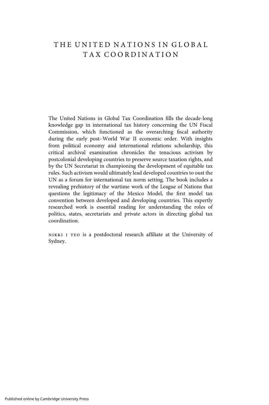 The United Nations in Global Tax Coordination: Hidden History and Politics by Nikki J. Teo