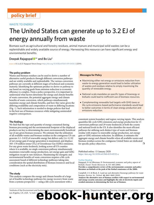 The United States can generate up to 3.2 EJ of energy annually from waste by Deepak Rajagopal & Bo Liu