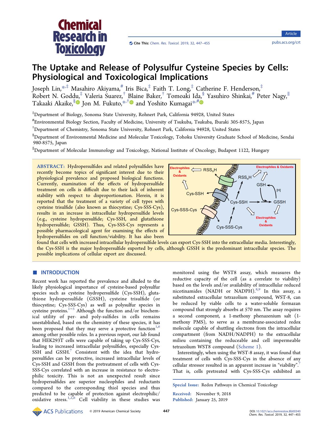The Uptake and Release of Polysulfur Cysteine Species by Cells: Physiological and Toxicological Implications by unknow
