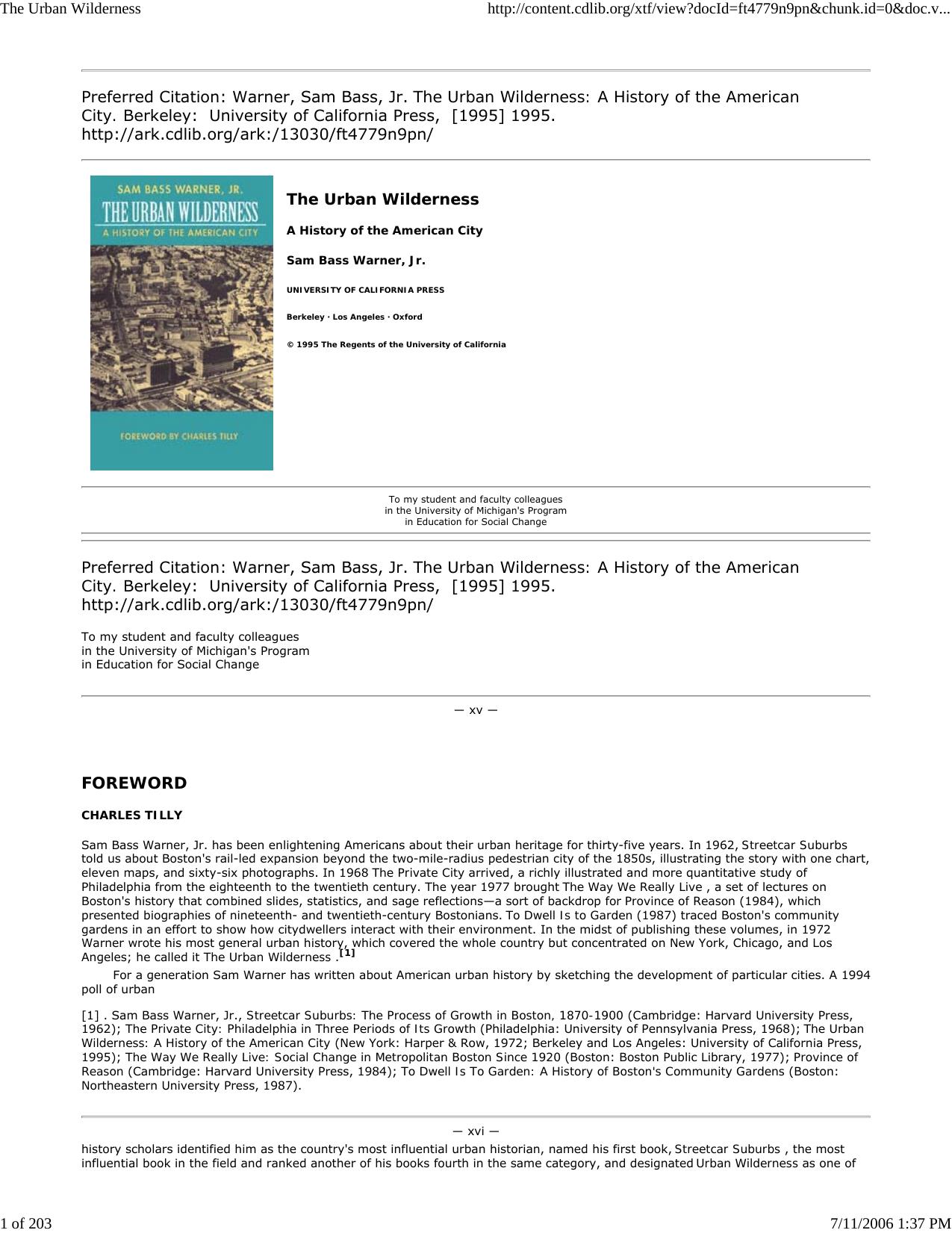 The Urban Wilderness: A History of the American City (Classics in Urban History, 5) by Sam Bass Warner Jr