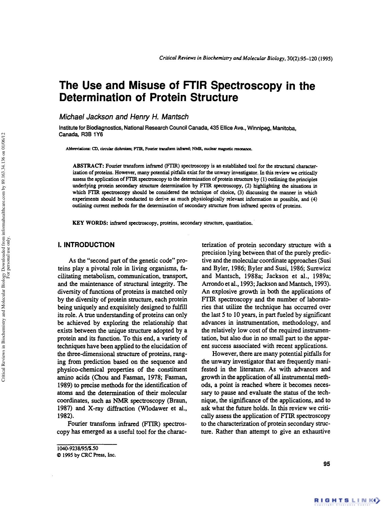The Use and Misuse of FTIR Spectroscopy in the Determination of Protein Structure by Michael Jackson & Henry H. Mantsch