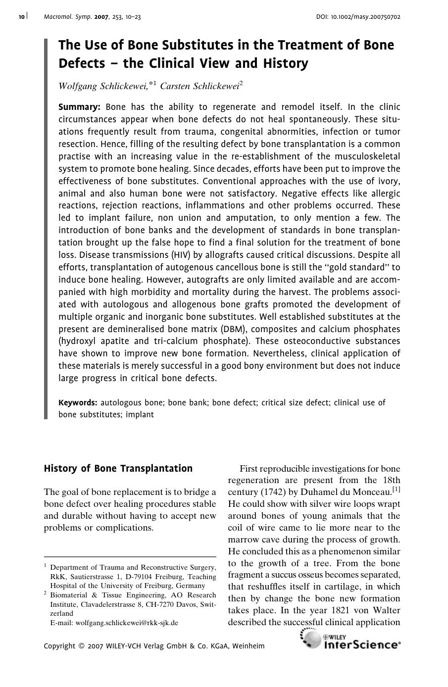 The Use of Bone Substitutes in the Treatment of Bone Defects - the Clinical View and History by Unknown