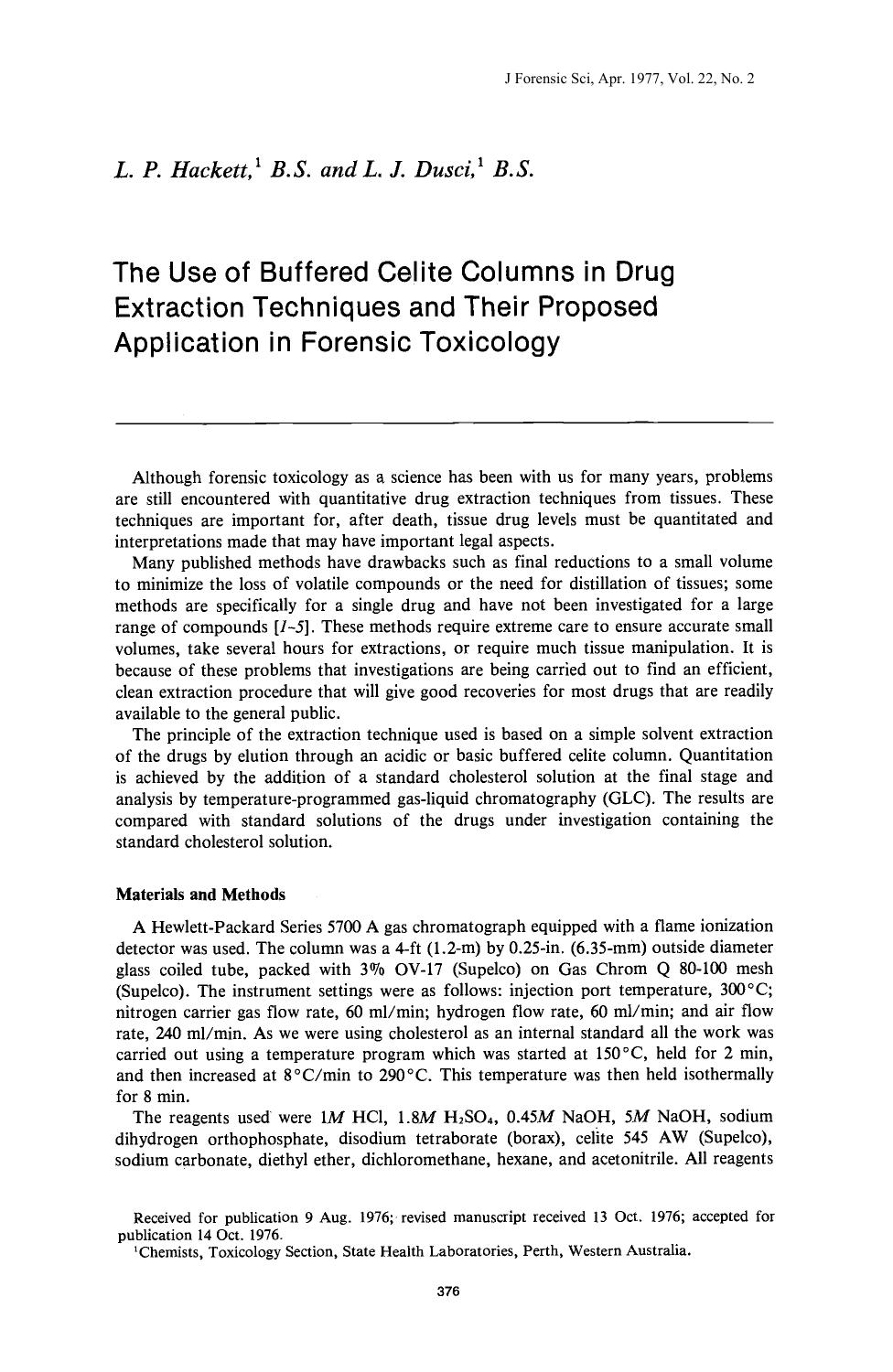 The Use of Buffered Celite Columns in Drug Extraction Techniques and Their Proposed Application in Forensic Toxicology by Hackett LP Dusci LJ