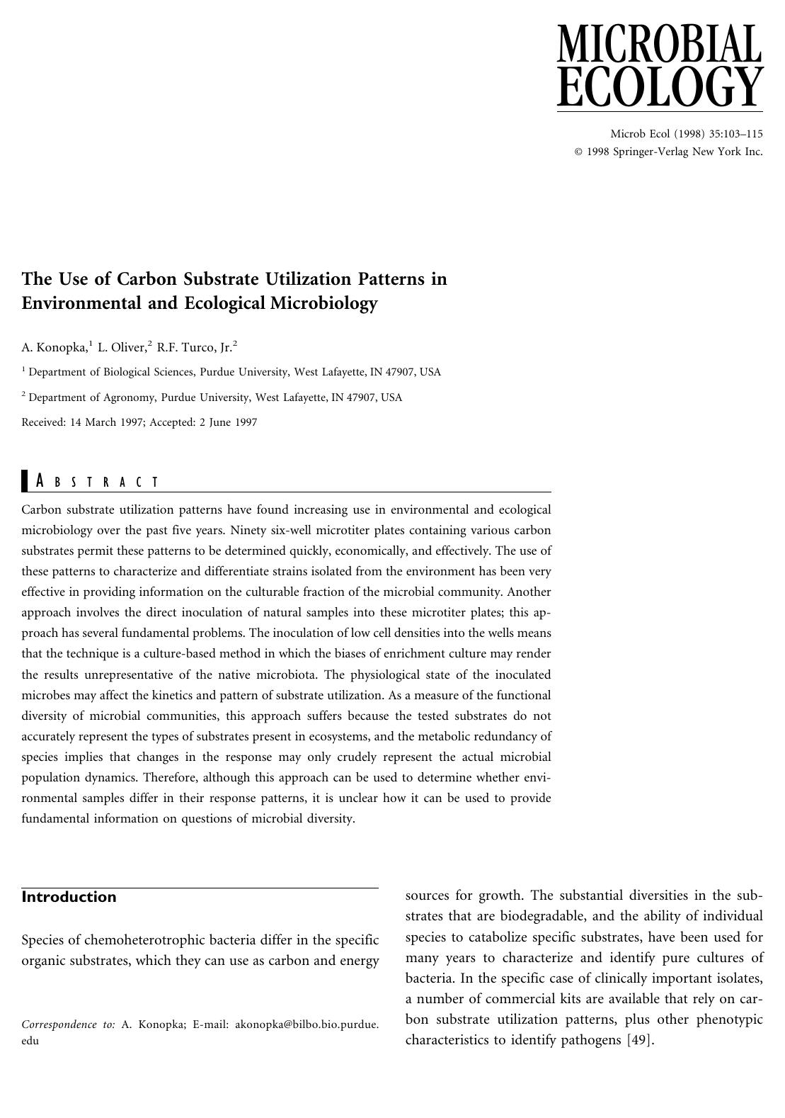 The Use of Carbon Substrate Utilization Patterns in Environmental and Ecological Microbiology by Konopka A. et al
