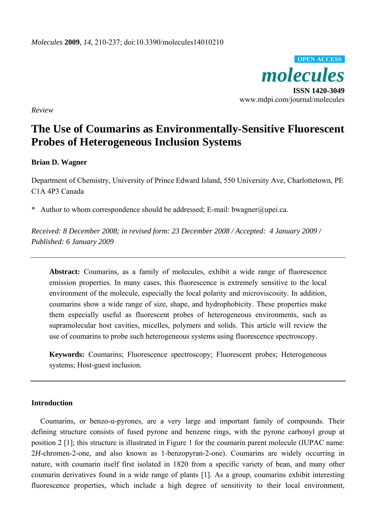 The Use of Coumarins as Environmentally-Sensitive Fluorescent Probes of Heterogeneous Inclusion Systems by Brian D. Wagner