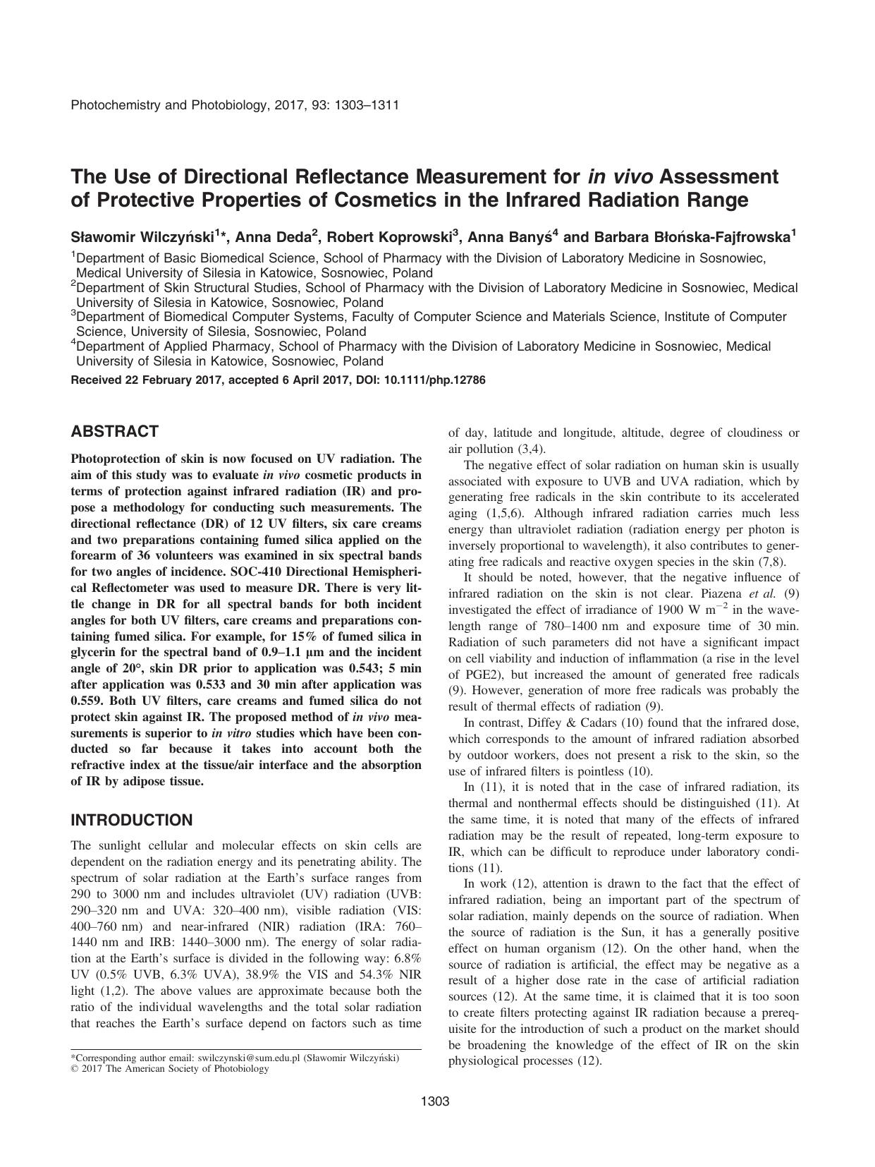The Use of Directional Reflectance Measurement for in vivo Assessment of Protective Properties of Cosmetics in the Infrared Radiation Range by Unknown