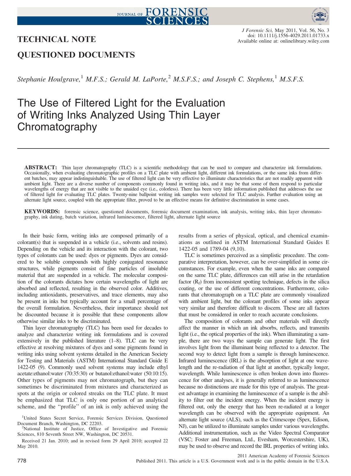 The Use of Filtered Light for the Evaluation of Writing Inks Analyzed Using Thin Layer Chromatography by Unknown