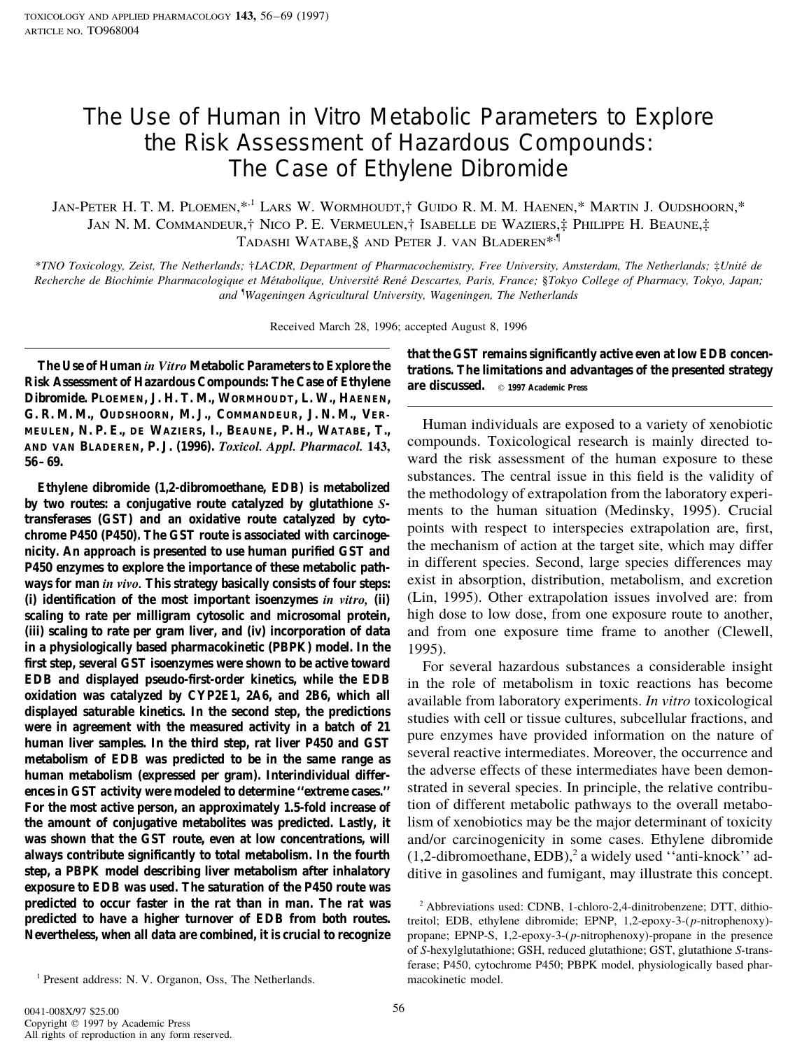 The Use of Human in Vitro Metabolic Parameters to Explore the Risk Assessment of Hazardous Compounds: The Case of Ethylene Dibromide by Ploemen J.-P. H. T. M. et al