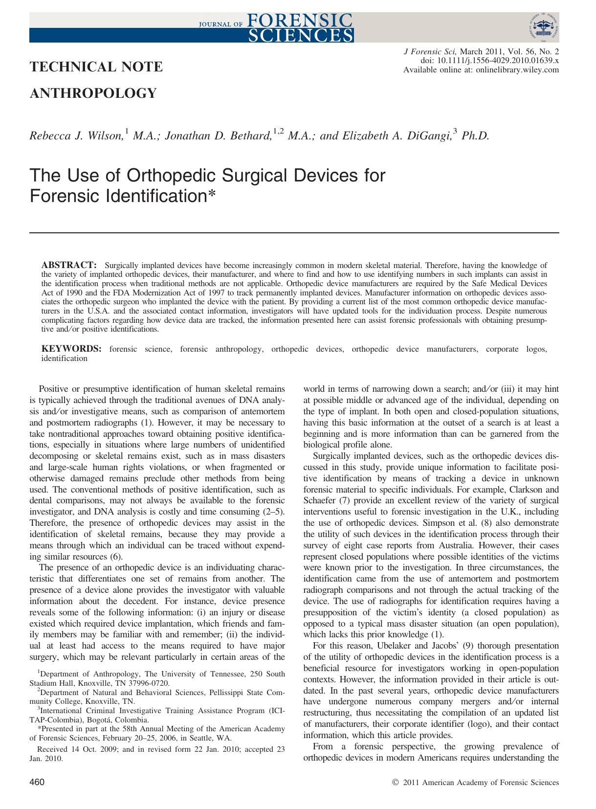 The Use of Orthopedic Surgical Devices for Forensic Identification by Unknown