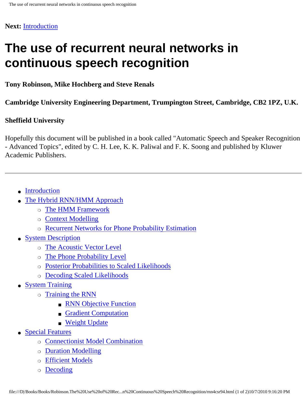 The Use of Recurrent Neural Networks in Continuous Speech Recognition by Robinson T. Hochberg M. Renals S