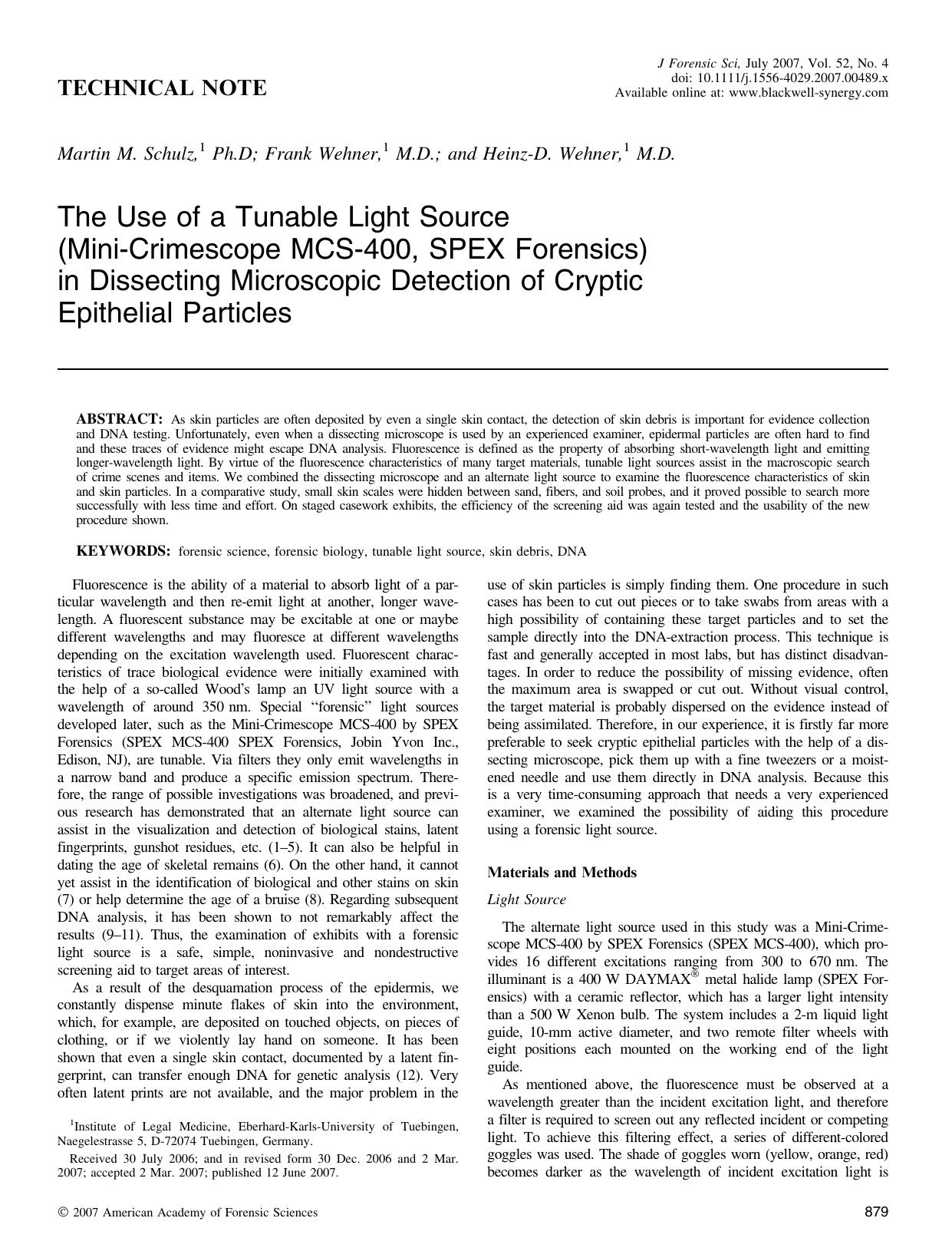 The Use of a Tunable Light Source (Mini-Crimescope MCS-400, SPEX Forensics) in Dissecting Microscopic Detection of Cryptic Epithelial Particles by Unknown