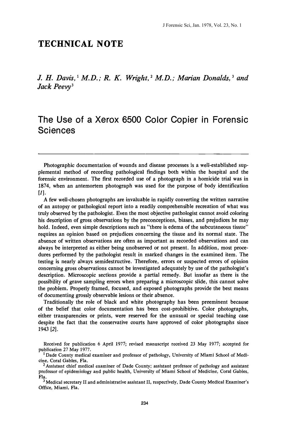The Use of a Xerox 6500 Color Copier in Forensic Sciences by Davis JH Wright RK Donalds M Peevy J
