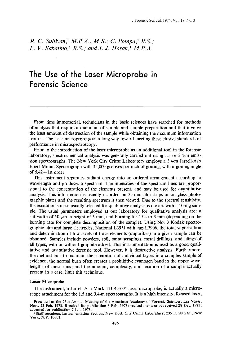 The Use of the Laser Microprobe in Forensic Science by Sullivan RC Pompa C Sabatino LV Horan JJ